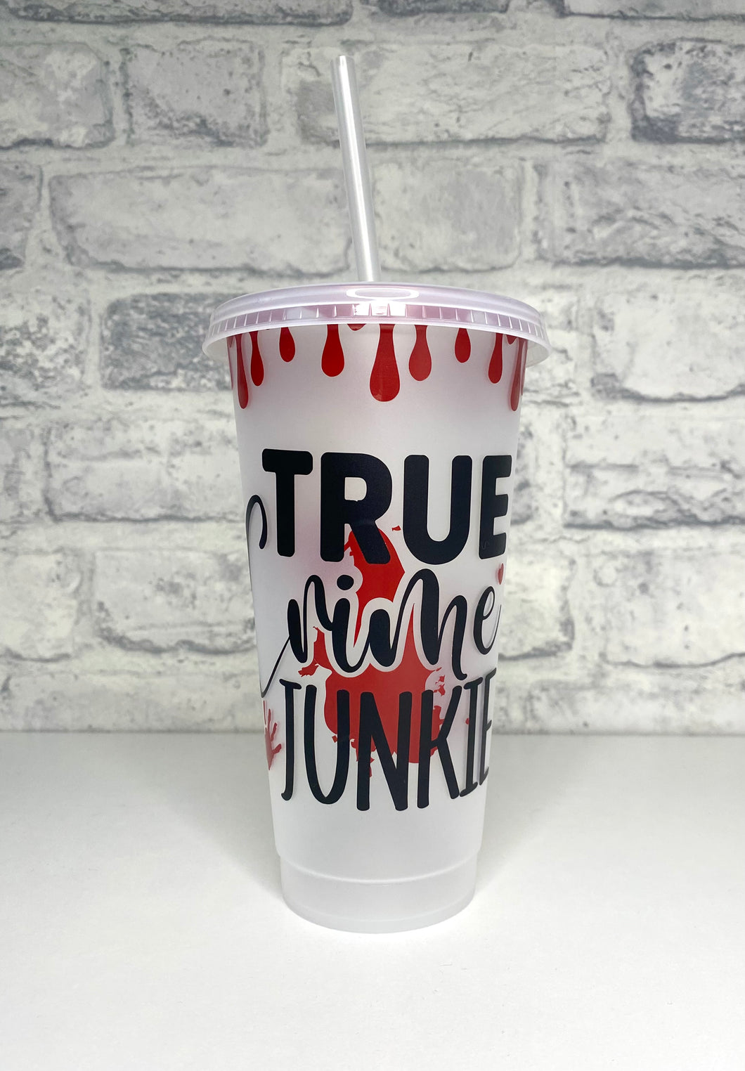 True Crime Junkie cold cup tumbler drinkware for horror fans