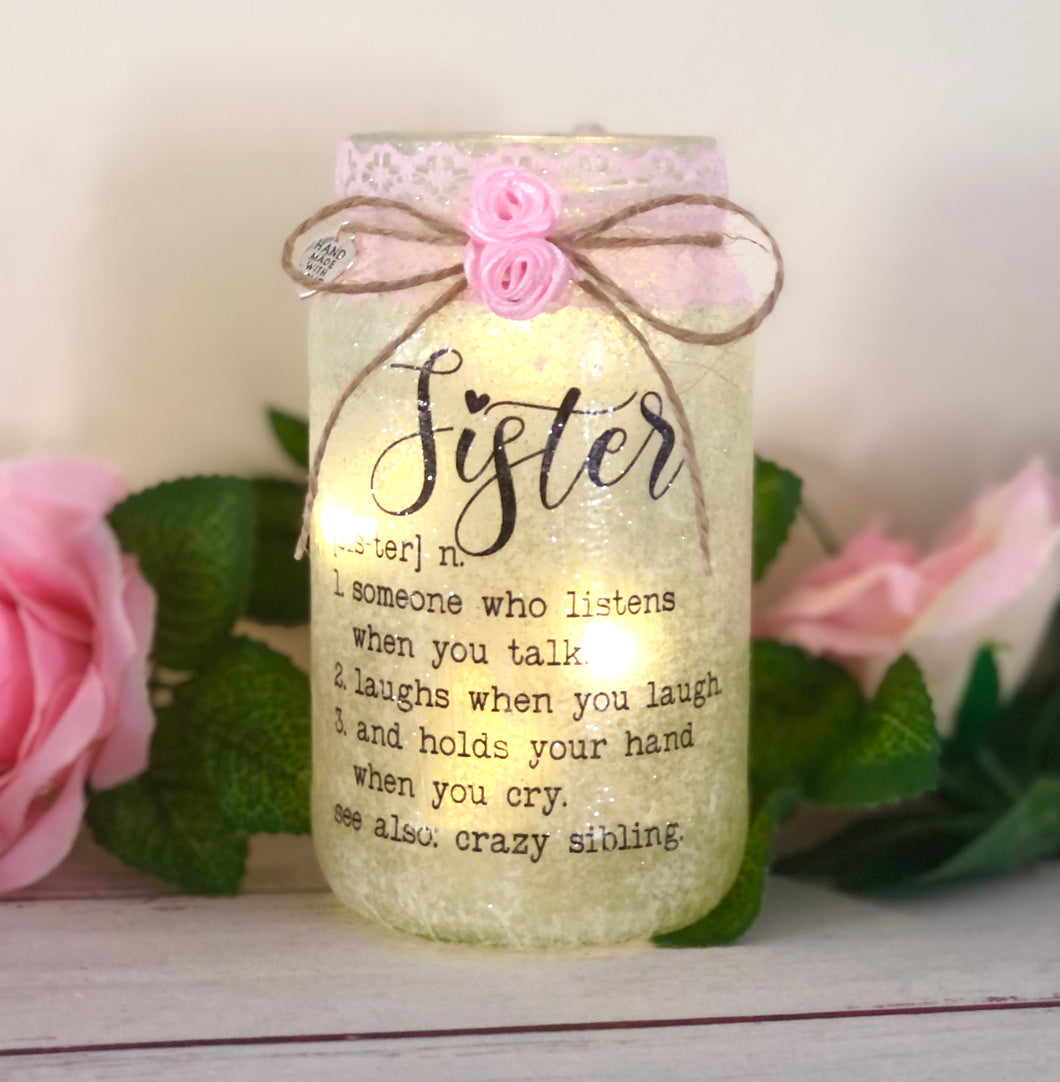 Gift for sister, light up jar, home decor, sister quote, missing you gift